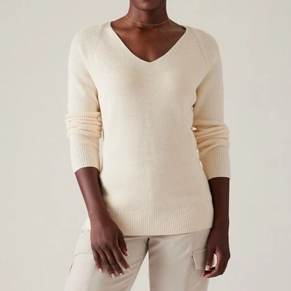Athleta Hanover Merino Wool Blend V Neck Rib Knit Tunic Sweater Ivory Women's M
